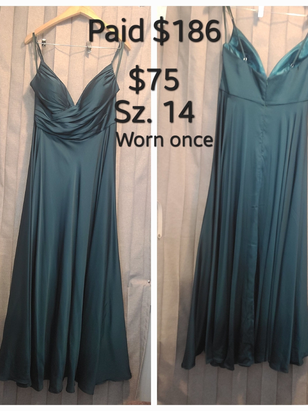 Teal Satin Spaghetti-Strap Evening Dress